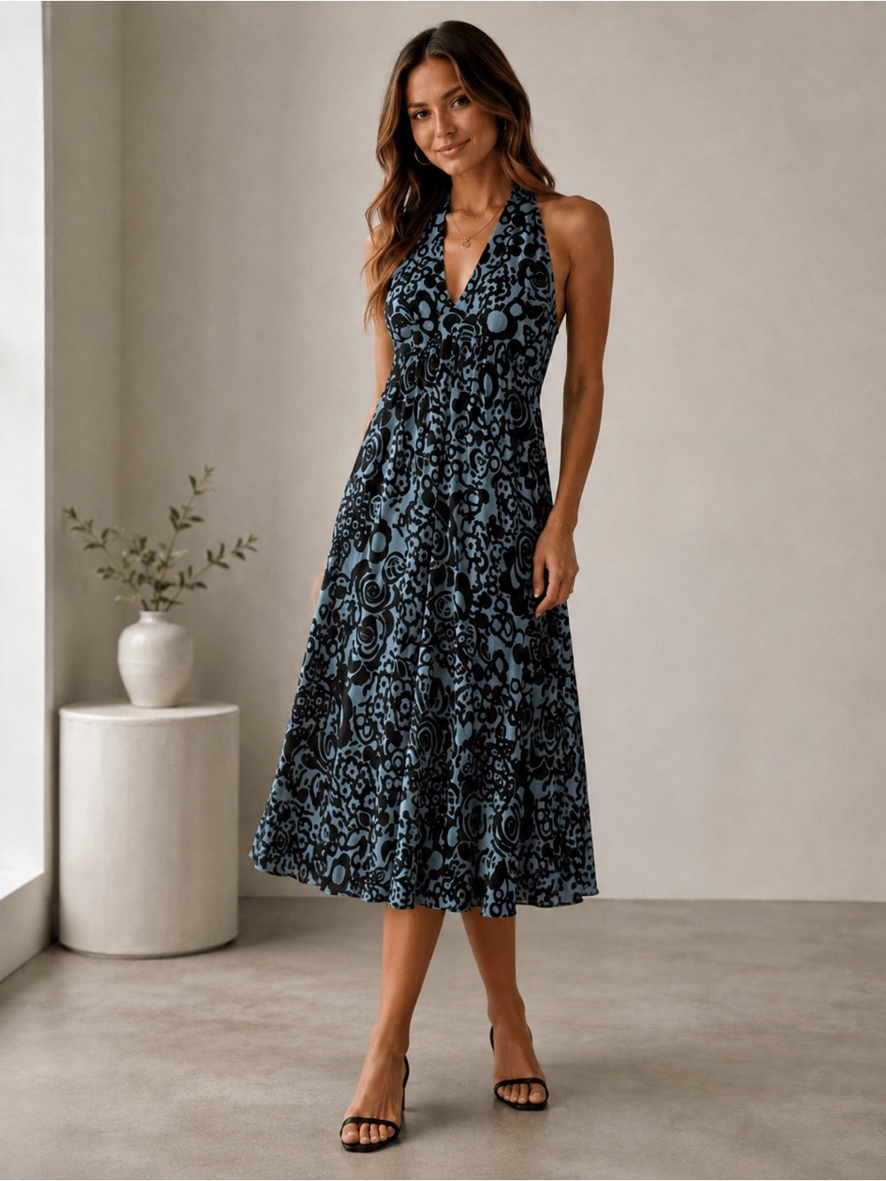 Velvet Women's Black and teal blue Halter Floral Maxi Dress size small